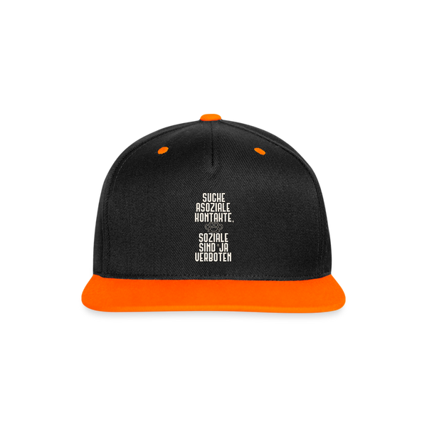 Suche asoziale Kontakte soziale sind ja verboten - Kontrast Snapback Cap - Schwarz/Neonorange